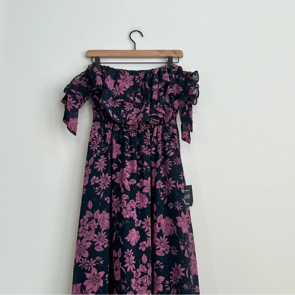 New Lulus Love and Blooms Navy Blue Floral Print Off The Shoulder maxi Dress - Picture 7 of 14